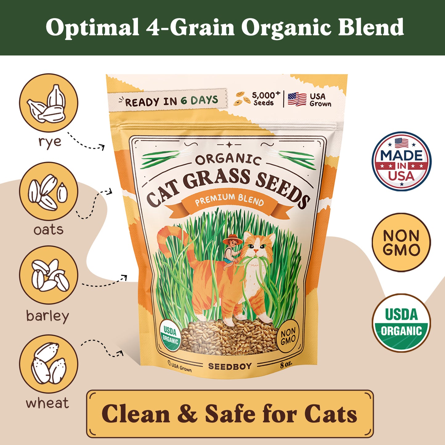 Organic Cat Grass Seed Packet – 8 oz Bag