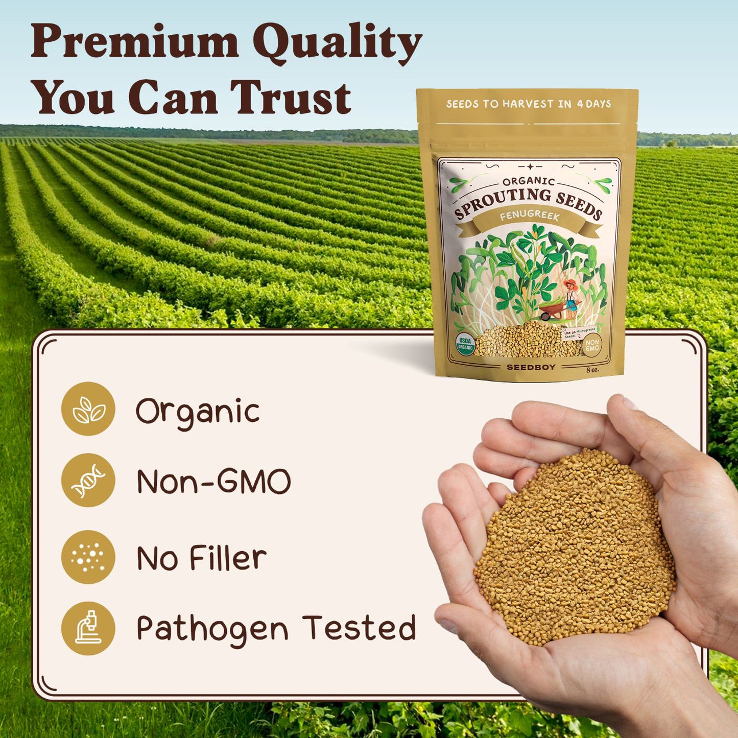 Fenugreek Sprouting Seeds, Organic & Non-GMO  – 8 oz Bag