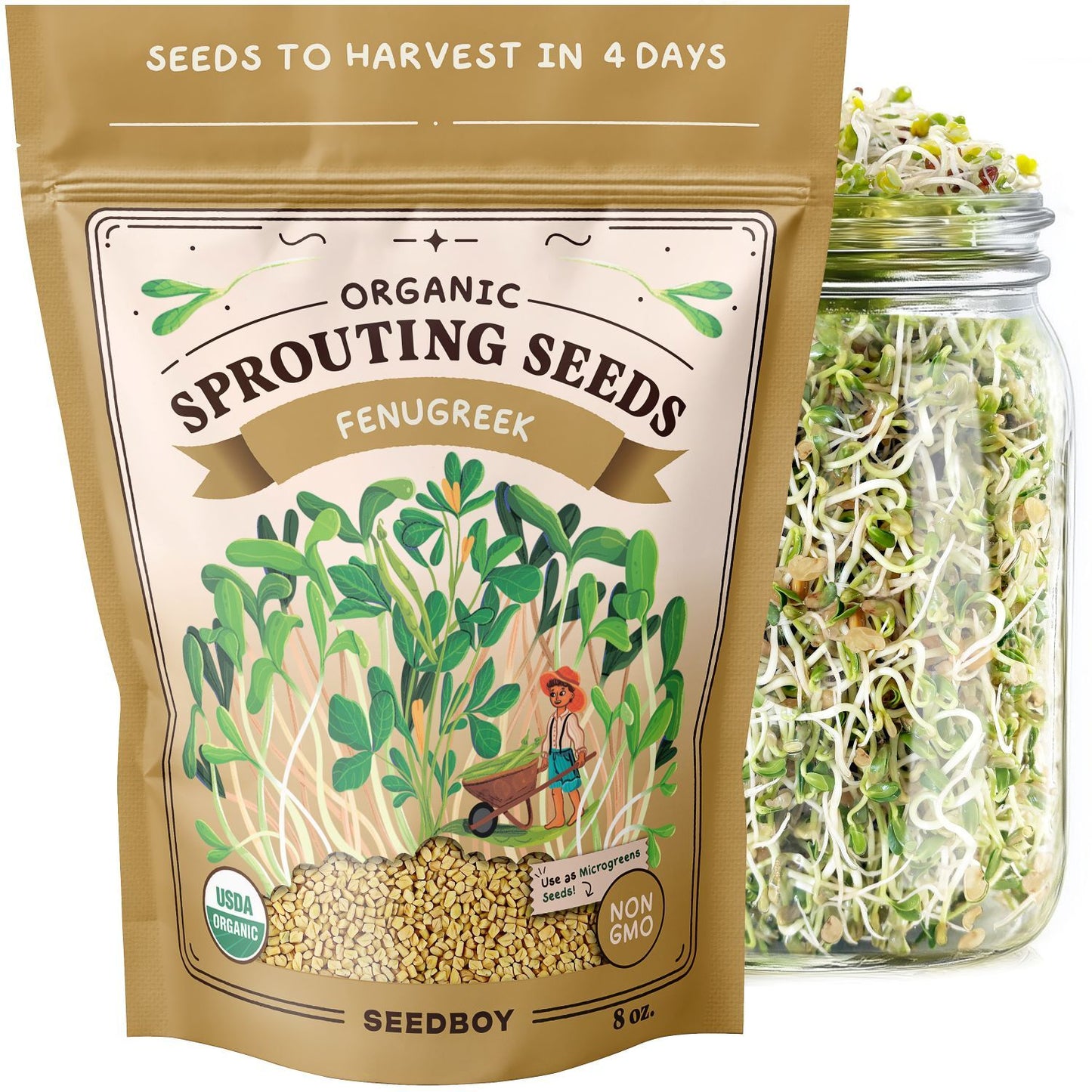 Fenugreek Sprouting Seeds, Organic & Non-GMO  – 8 oz Bag