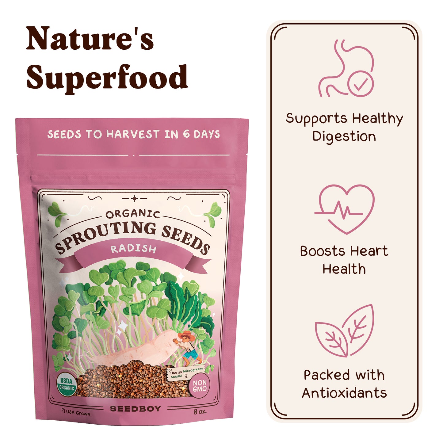 Radish Sprouting Seeds, Organic & Non-GMO  – 8 oz Bag